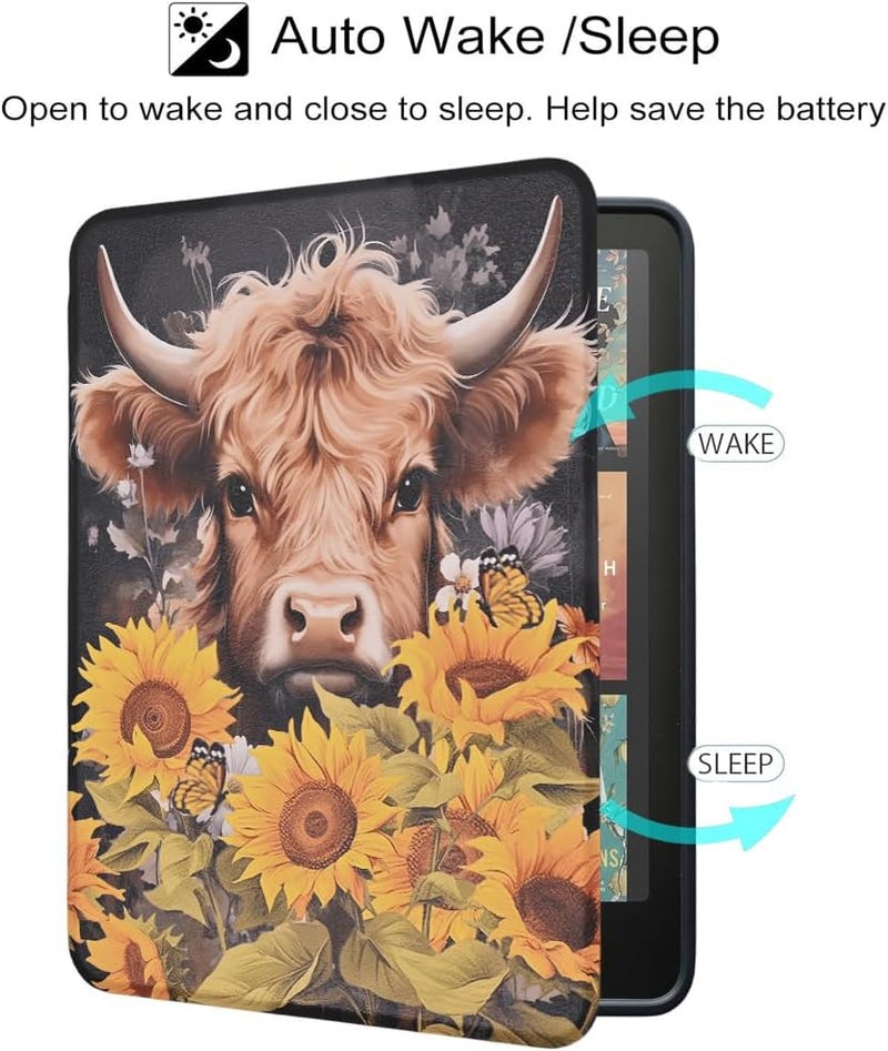 Tpacc Case for All-New Kindle Paperwhite 12th Gen, 2024 and Kindle Colorsoft Signature Edition, Lightweight PU Leather Cover with Auto Sleep Wake Hand Strap, Highland Cow with Flower - Image 4